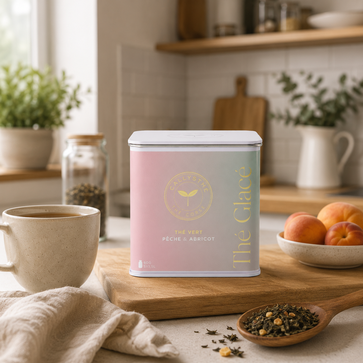 mise en situation du thé glacé pêche abricot 