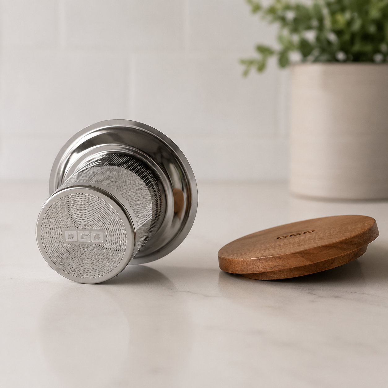 Set filtre en inox et couvercle en acacia - compatible avec tous vos mugs et tasses